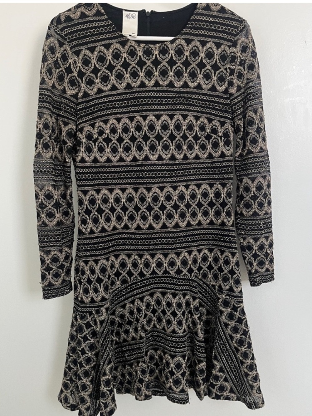 Ali Ro Black and Cream Patterned Long-Sleeve Mini Dress